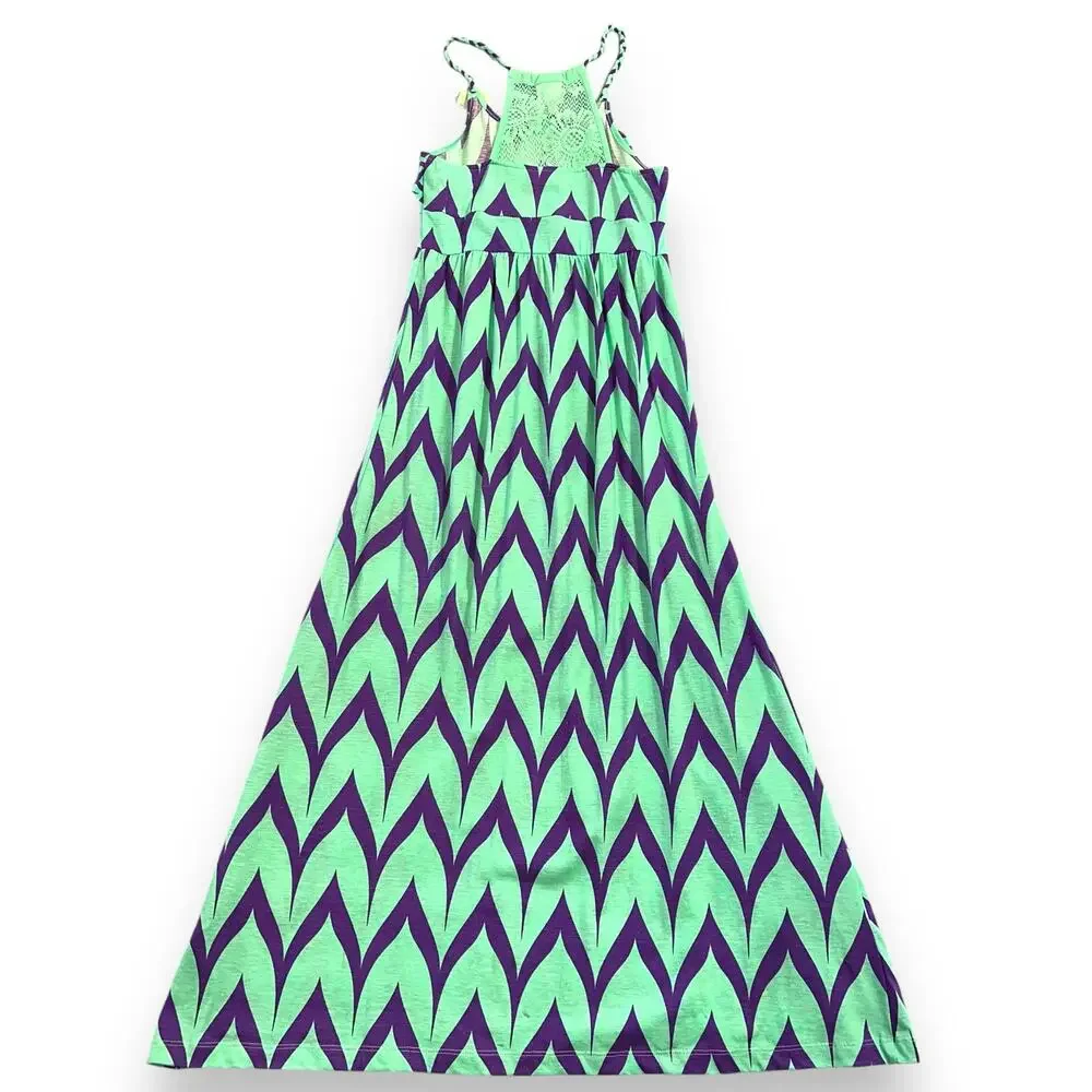 Cherrystix Girls Maxi Sleeveless Sundress Teal Purple Geo Print Small 7 8